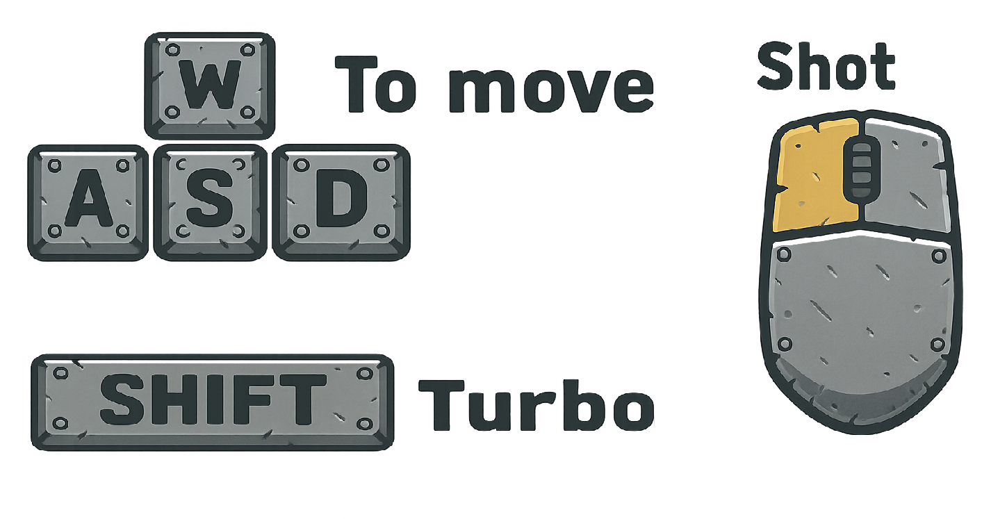 Controls: WASD to move, Shift for turbo, Mouse to shoot